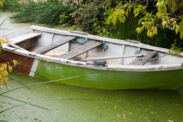 Photograph of abandoned boat on a lake with vegetation.
