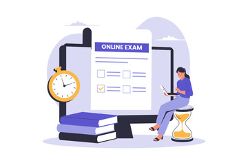 Illustration of online exam concept. Questionnaire form, online education, survey, internet quiz. Illustration for website, landing page, mobile app, poster and banner.