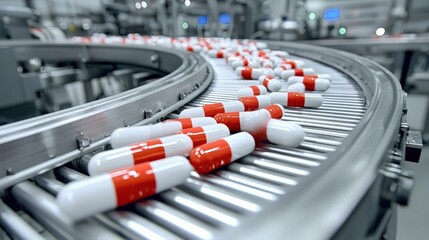Obraz premium Red and White Capsules Moving on a Conveyor Belt in a Pharmaceutical Factory