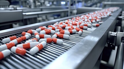 Obraz premium Red and White Capsules Moving on a Conveyor Belt in a Pharmaceutical Factory