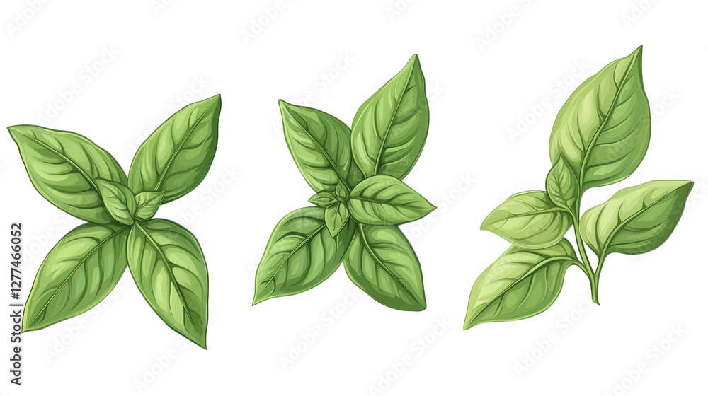 Poster three distinct illustrations of basil leaves. showcasing their vibrant green color and varying shape