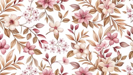 Watercolor Floral Seamless Pattern Blush Pink and Brown Flowers, Botanical Illustration, Nature Concept Floral Pattern, Watercolor Painting