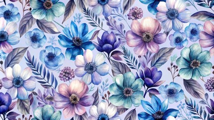 Fototapeta premium Watercolor Floral Seamless Pattern Blue and Purple Blooms, Lavender Background, Botanical Illustration, Flower Design Floral Pattern, Watercolor Painting