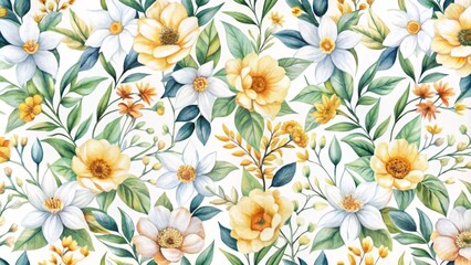 Watercolor Floral Seamless Pattern Yellow and White Blooms, Green Leaves, Botanical Illustration, Nature Design Floral Pattern, Watercolor Painting