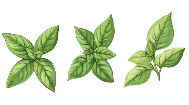 three distinct illustrations of basil leaves. showcasing their vibrant green color and varying shapes these detailed depictions highlight the texture and form of the leaves. making them suitable for c