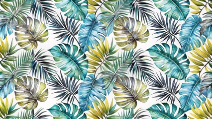 Watercolor Tropical Leaf Seamless Pattern Teal, Green and Yellow Monstera and Palm Leaves, Tropical Design, Botanical Illustration Tropical wallpaper,Watercolor painting