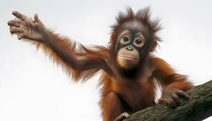 Naklejka premium Adorable orangutan baby sitting on a branch waving its hand