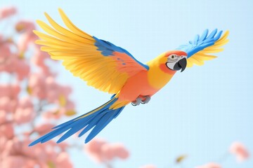 Fototapeta premium A colorful parrot with vibrant yellow, blue, and orange feathers flying against a soft pink background of blooming flowers.