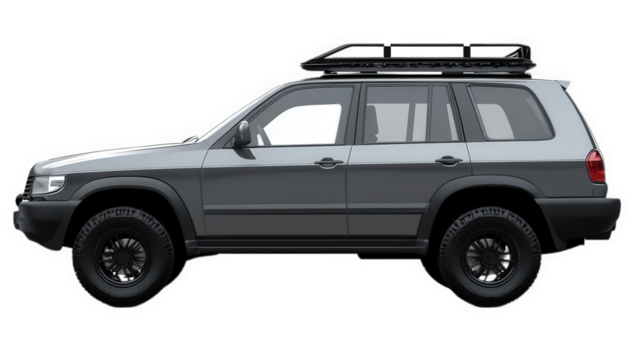 a side view of a rugged suv with a roof rack. designed for off-road adventures and outdoor activities its sturdy build and large tires suggest it is suitable for various terrains. making it ideal for