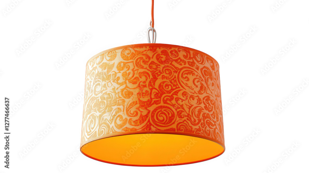Poster stylish pendant lamp with a vibrant orange shade adorned with intricate white patterns it is suspend