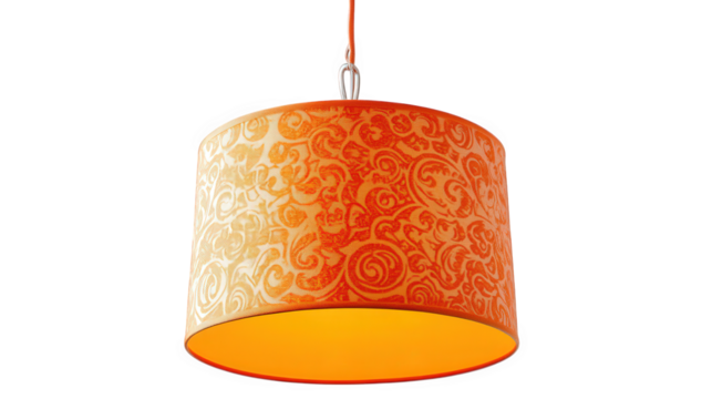 stylish pendant lamp with a vibrant orange shade adorned with intricate white patterns it is suspended by a thin cord. showcasing its modern design suitable for home decor. lighting up spaces with a w