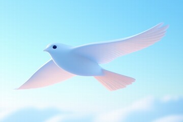 Fototapeta premium A stylized white bird soaring against a soft blue sky, with delicate wings and a serene expression, embodying freedom and tranquility.