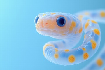 A close-up of a translucent, colorful creature resembling a snake or a fish, featuring a smooth body with orange spots and large, expressive eyes, set against a soft blue background.