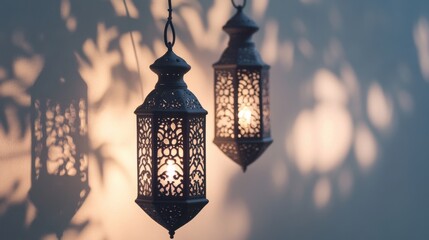 Elegant Lanterns Casting Beautiful Shadows on Soft Wall Background