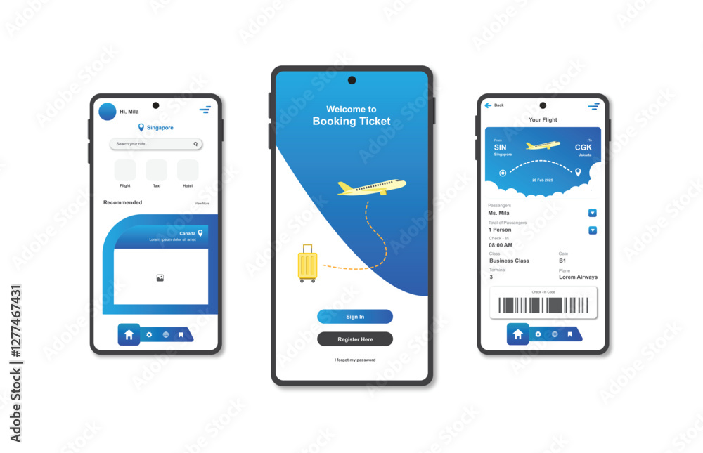 Aufkleber online airline ticket booking design for mobile application. airline ticket booking platform screen.