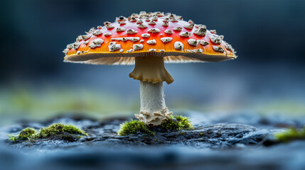 Stunning close-up photo of a perfect specimen of the iconic red fly agaric or toadstool mushroom (Amanita muscaria), showcasing its vibrant colors and intricate details in a natural habitat setting