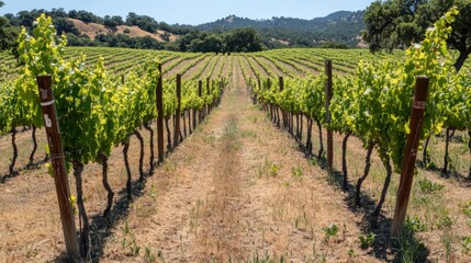 Naklejka premium Video generation of a sprawling vineyard with rows of grapevines under a clear sky. Featuring rustic beauty and tranquility