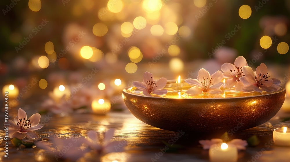 Poster serene candlelit scene with floating flowers and soft bokeh effect