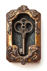 Ornate antique key in decorative gold-toned frame