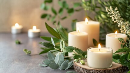 Serene Candles Surrounded by Fresh Greenery and Natural Elements