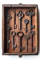 Antique keys in wooden box, vintage, secrets, possibilities, background white