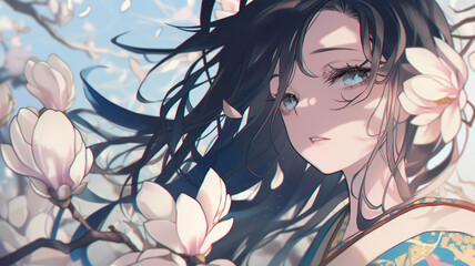 青空と白木蓮に囲まれた和服の少女｜日本アニメ風イラスト