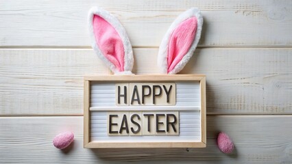 Happy easter text illustration. Horizontal greeting banner with bunny.