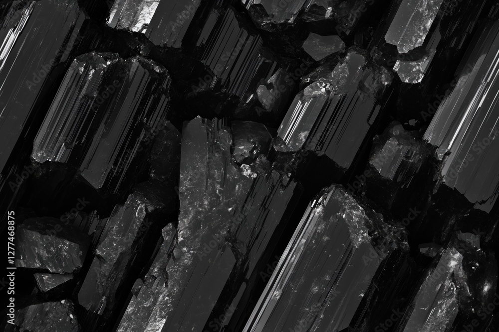 Poster seamless black tourmaline mineral crystals with sharp edges and reflective surfaces, showcasing thei
