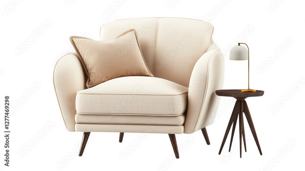 Poster stylish. modern armchair in a light fabric with a matching decorative pillow beside it is a small. e