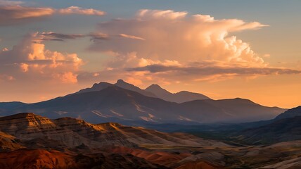 Majestic Sunset Sky with Towering Clouds Over Rocky Landscape