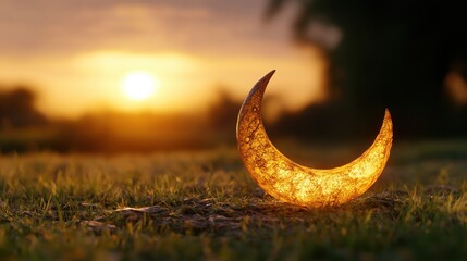 Glowing Crescent Shape on Grass at Sunrise with Warm Light