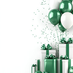 Birthday greeting 3d design, white background and green gifts, shimmer, and balloons with free space on the right side

