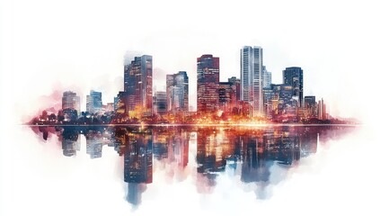 Obraz premium Watercolor cityscape skyline reflected in water at night