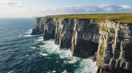 Video generation of a sunlit coastal cliff with waves crashing below. Featuring power and beauty