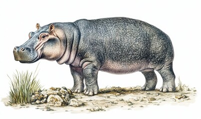 Naklejka premium Illustration of a hippopotamus standing on a riverbank with grass and rocks, showcasing its natural habitat