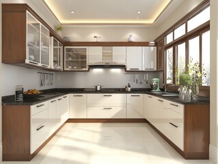 Modern U-shaped kitchen with white and wood cabinets, granite countertops, and large windows.