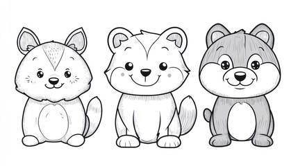 Cute cartoon animal sketch, three playful animals, sitting in profile view.