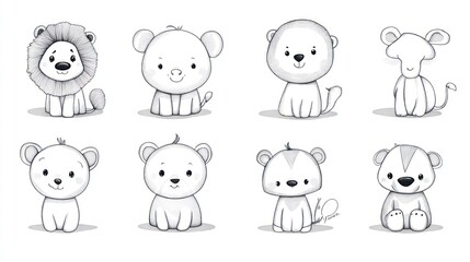 Obraz premium Cute cartoon animal sketches. Collection of various adorable animal illustrations in grayscale. Simple and playful designs. Perfect for children's books, nursery decor, or educational resources..