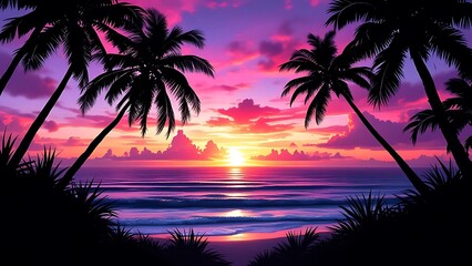 Obraz premium A beautiful tropical sunset featuring palm trees framing a vividly colorful ocean horizon, evoking a serene and tranquil feeling, perfectly capturing the magnificence of nature's twilight display.
