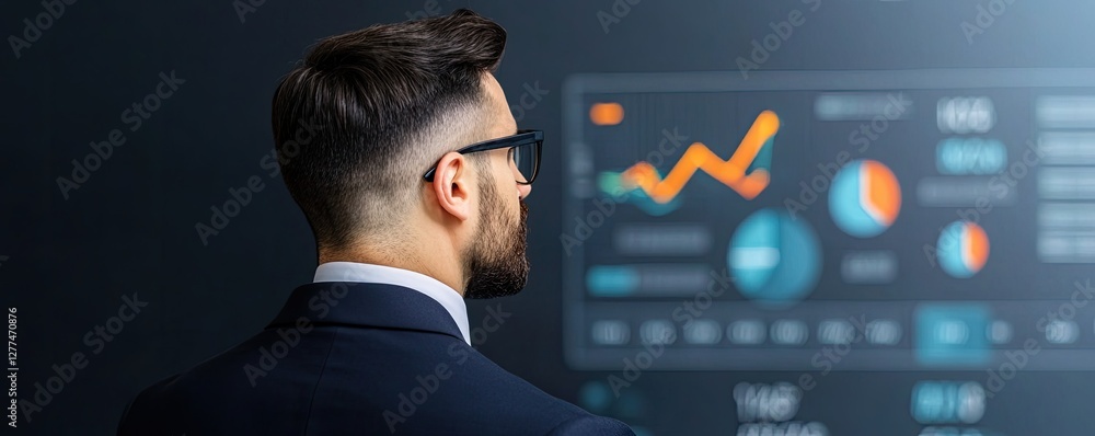 Poster a professional man analyzes data trends displayed on a digital screen, focusing on graphs and charts