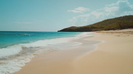 Video generation of a tranquil beach with soft golden sand and turquoise waves. Featuring relaxation and coastal beauty