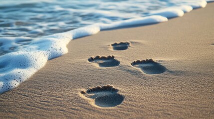Video generation of a tranquil beach with soft waves and footprints in the sand. Featuring calm and escape