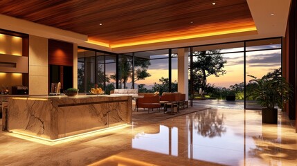 Modern kitchen and living area with sunset view, marble island, wooden ceiling, and glass doors.
