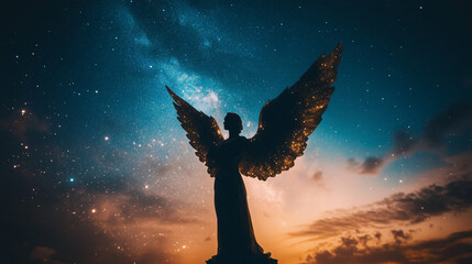 Obraz premium Majestic angel silhouette radiating divine light against starlit Milky Way backdrop