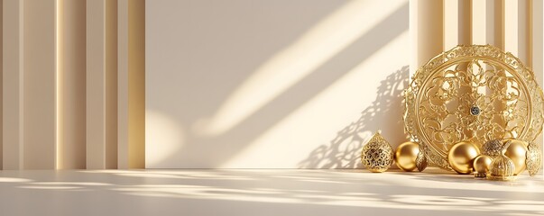 Golden ornaments are displayed against a backdrop of vertical lines