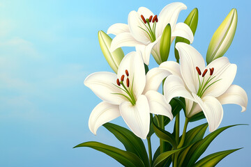 Fototapeta premium Bouquet of white flowers with green stems. The flowers are arranged in a vase and are placed on a blue background. Concept of freshness and beauty, as the white flowers are the main focus