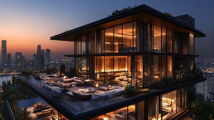Obraz premium Luxurious penthouse apartment with city view at sunset.