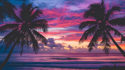 A beautiful tropical sunset featuring palm trees framing a vividly colorful ocean horizon, evoking a serene and tranquil feeling, perfectly capturing the magnificence of nature's twilight display.