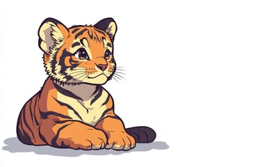 Obraz premium Playful tiger cub sitting curiously, with a soft background suggesting a serene environment