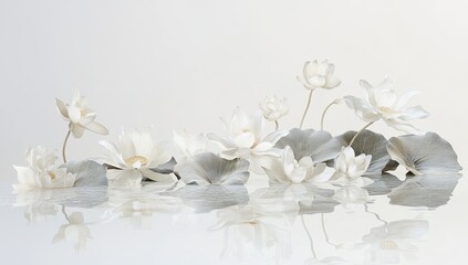 Elegant white lotus flowers floating on water, serene studio setting